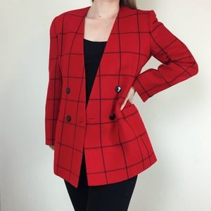 Vintage 90s Blazer Windowpane Plaid No Lapel